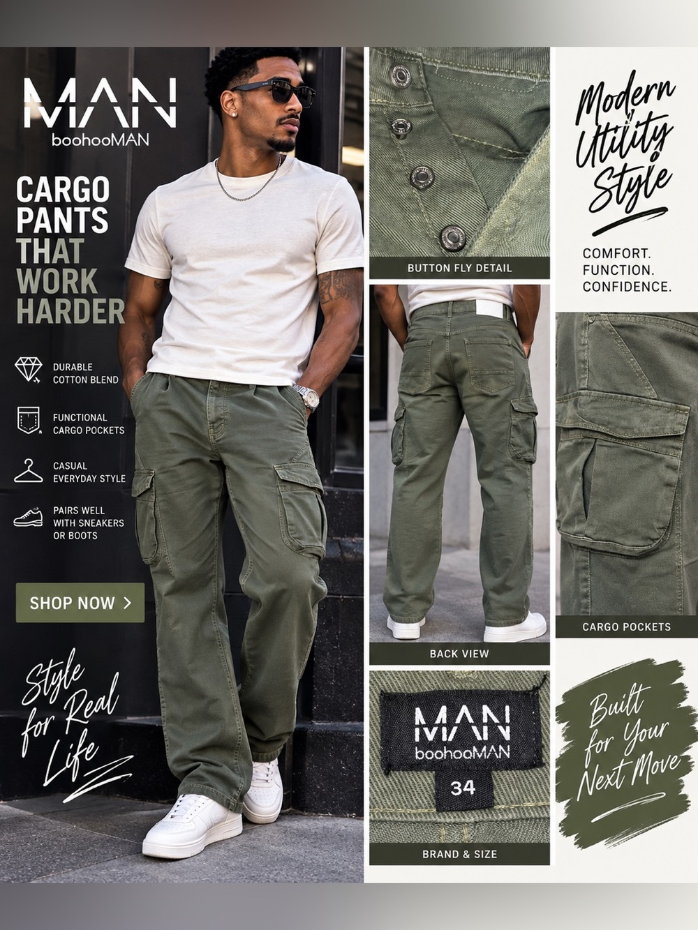 Boohoo Olive Green Cargo Pants - Men's Utility Trousers 34/30